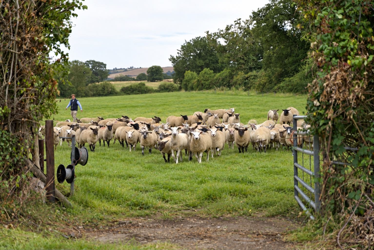 The flock coming through the field gate, with the farmer walking behind