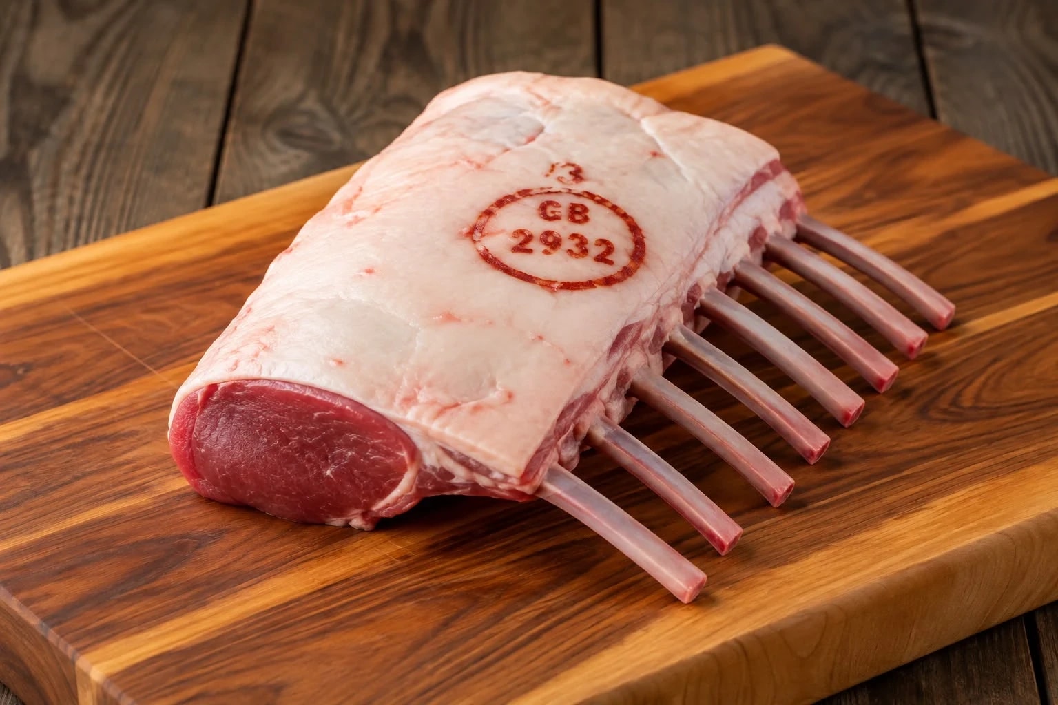 A French-trimmed rack of lamb with the GB 2932 health mark, on a wooden board