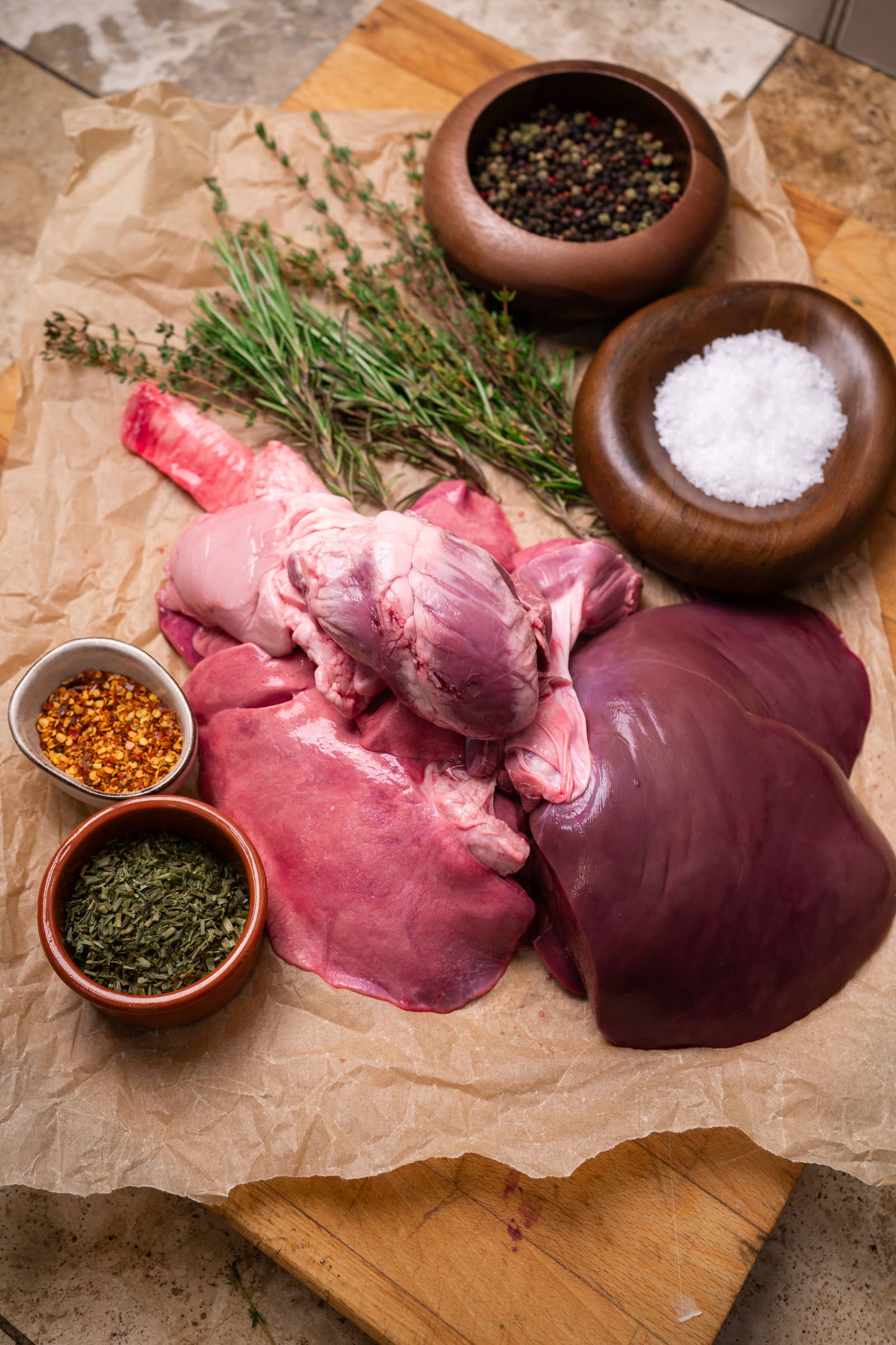 A lamb pluck: heart, liver and lungs, with herbs and spices